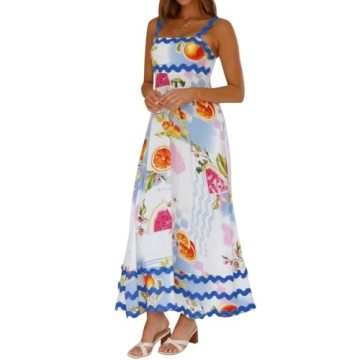 IDOPIP Womens Summer Casual Dress Boho Floral Print Maxi Dress Beach Spaghetti Straps Sleeveless Sun...