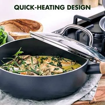 GreenPan Hudson Healthy Ceramic Nonstick, 3QT Saute pan Jumbo Cooker with Lid, Vintage Wood Insipred Handle, PFAS-Free, Dishwasher Safe, Black