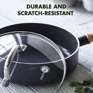 GreenPan Hudson Healthy Ceramic Nonstick, 3QT Saute pan Jumbo Cooker with Lid, Vintage Wood Insipred Handle, PFAS-Free, Dishwasher Safe, Black