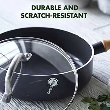 GreenPan Hudson Healthy Ceramic Nonstick, 3QT Saute pan Jumbo Cooker with Lid, Vintage Wood Insipred Handle, PFAS-Free, Dishwasher Safe, Black