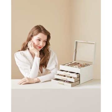 SONGMICS Jewelry Box with Glass Lid 4-Layer Organizer
