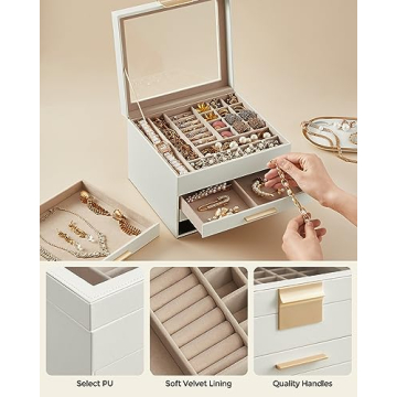 SONGMICS Jewelry Box with Glass Lid 4-Layer Organizer