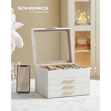 SONGMICS Jewelry Box with Glass Lid 4-Layer Organizer