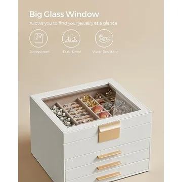 SONGMICS Jewelry Box with Glass Lid 4-Layer Organizer