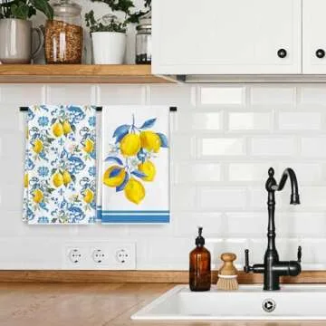 JarThenaAMCS Lemon Kitchen Dish Towel 18 x 28 Blue Yellow Lemon Dishcloth Watercolor Farmhouse Lemon Decorative Hand Drying Tea Towel for Spring Summer Kitchen Cooking Baking Cleaning