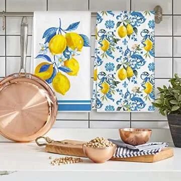 JarThenaAMCS Lemon Kitchen Dish Towel 18 x 28 Blue Yellow Lemon Dishcloth Watercolor Farmhouse Lemon Decorative Hand Drying Tea Towel for Spring Summer Kitchen Cooking Baking Cleaning
