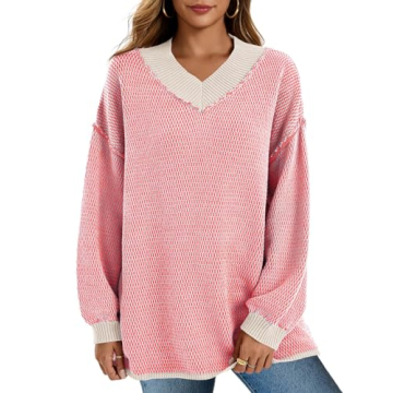 Saodimallsu Women's Oversized V Neck Sweaters Cable Knit Batwing Sleeve Tunic Tops Pink