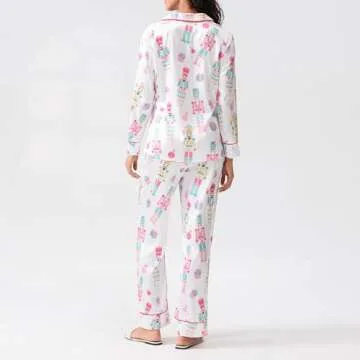 SOOKABEILA Womens Silk Satin Pajama Set Y2k Christmas Nutcracker Long Sleeve Shirt Tops and Wide Leg Pants Sleepwear (Cute White, S)