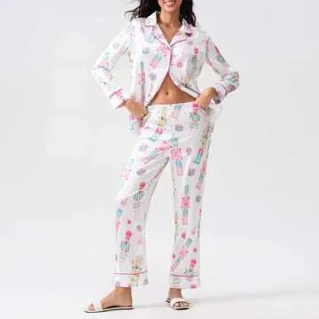 SOOKABEILA Womens Silk Satin Pajama Set Y2k Christmas Nutcracker Long Sleeve Shirt Tops and Wide Leg Pants Sleepwear (Cute White, S)