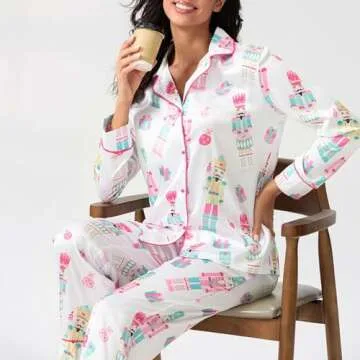 SOOKABEILA Womens Silk Satin Pajama Set Y2k Christmas Nutcracker Long Sleeve Shirt Tops and Wide Leg Pants Sleepwear (Cute White, S)