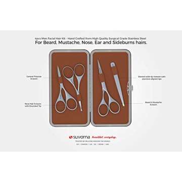 Suvorna Premium Beard & Mustache Scissors Set/Kit with Beard scissors for men - Grooming Scissors men/Facial Hair Scissors/Nose scissors - Eyebrow Scissors - Slant Tweezers (4 Pcs Brown)