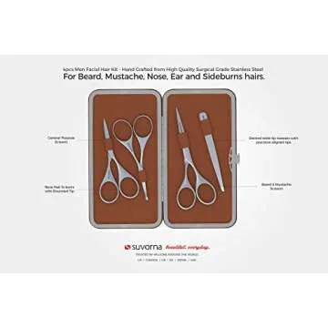 Suvorna Premium Beard & Mustache Scissors Set/Kit with Beard scissors for men - Grooming Scissors men/Facial Hair Scissors/Nose scissors - Eyebrow Scissors - Slant Tweezers (4 Pcs Brown)
