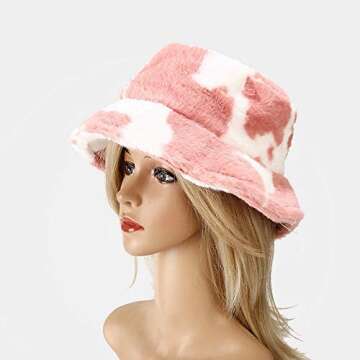 Umeepar Winter Faux Fur Fuzzy Bucket Hat Fluffy Warm Hat for Women Men (Cow Print Pink)