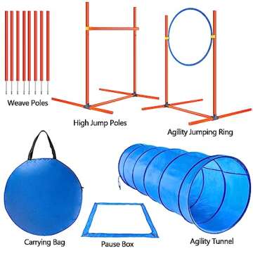 XiaZ Dog Agility Course Equipments, Obstacle Agility Training Starter Kit for Doggie, Pet Outdoor Games - Dog Tunnels, 8 Piece Weave Poles, Jumping Ring, High Jumps, Pause Box