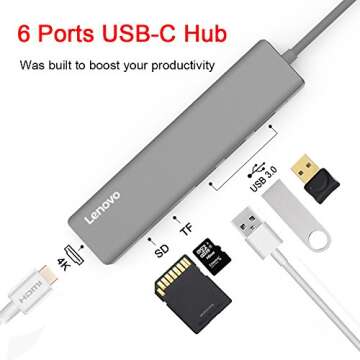 Lenovo USB C Hub, Ultra Slim Aluminum USB C Adapter With 3 USB 3.0 Ports, 4K HDMI, SD/TF Card Reader, Compatible For USB Type C Devices