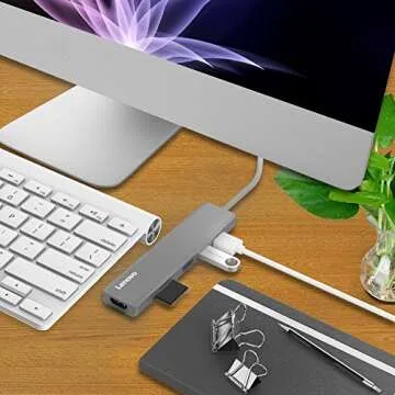 Lenovo USB C Hub, Ultra Slim Aluminum USB C Adapter With 3 USB 3.0 Ports, 4K HDMI, SD/TF Card Reader, Compatible For USB Type C Devices