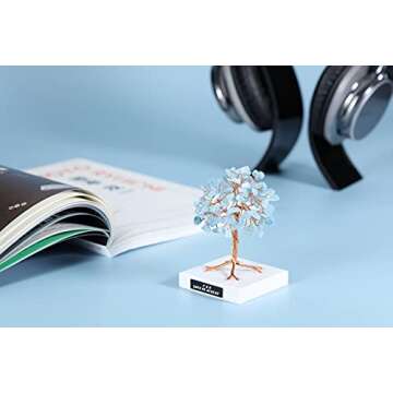 JJovivi Personalized Custom Mini Natural Aquamarine Healing Crystals Bonsai Copper Money Tree on Marble Base for Home Decor, Good Luck, Wealth