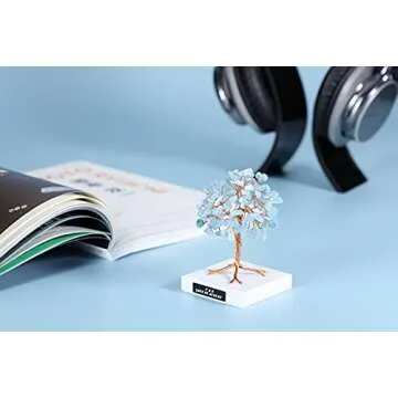 JJovivi Personalized Custom Mini Natural Aquamarine Healing Crystals Bonsai Copper Money Tree on Marble Base for Home Decor, Good Luck, Wealth