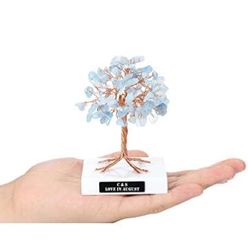 JJovivi Personalized Custom Mini Natural Aquamarine Healing Crystals Bonsai Copper Money Tree on Marble Base for Home Decor, Good Luck, Wealth