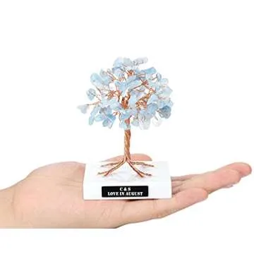 JJovivi Personalized Custom Mini Natural Aquamarine Healing Crystals Bonsai Copper Money Tree on Marble Base for Home Decor, Good Luck, Wealth
