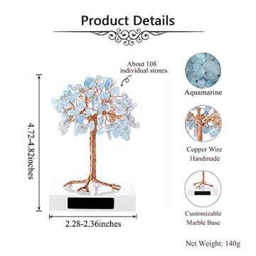 JJovivi Personalized Custom Mini Natural Aquamarine Healing Crystals Bonsai Copper Money Tree on Marble Base for Home Decor, Good Luck, Wealth