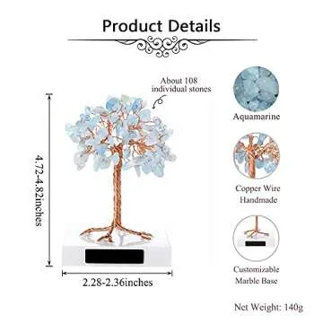 JJovivi Personalized Custom Mini Natural Aquamarine Healing Crystals Bonsai Copper Money Tree on Marble Base for Home Decor, Good Luck, Wealth