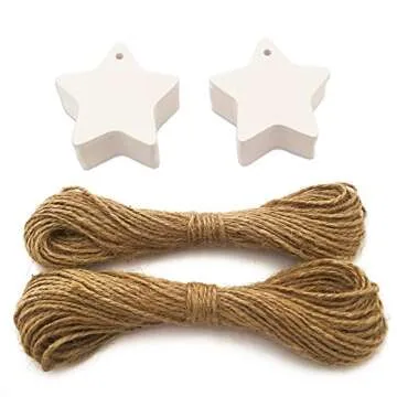 LWR CRAFTS 100 Hang Tags Star with Jute Twines 100ft (2 3/8", White)