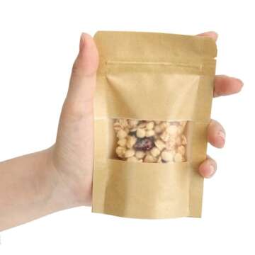 Blisstime Stand Up Pouch Bags, 50 Pack Kraft Paper Zip Lock Bags with Matte Window and Tear Notch Resealable Bags for Small Business Home Use (3.5 X 5.5 Inches)