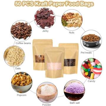 Blisstime Stand Up Pouch Bags, 50 Pack Kraft Paper Zip Lock Bags with Matte Window and Tear Notch Resealable Bags for Small Business Home Use (3.5 X 5.5 Inches)