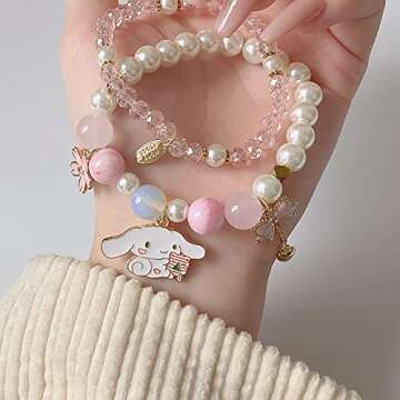 ANZWTLOYY Kawaii Bracelets Set Cinnamo Friendship Bracelets Bulk Bff Besties Crystal Beads Pearl Cute Cartoon Elastic Beaded Relationship Bracelets for Girls Women