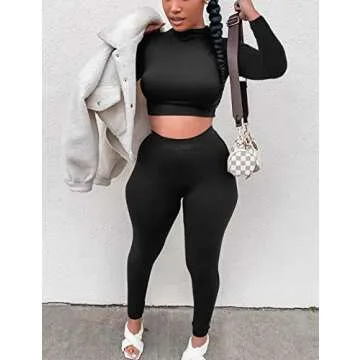 Mizoci Women's Workout 2 Piece Outfits Crop Top High Waisted Legging Pants Set Long Sleeve Track Suits Jumpsuit,Medium,Black