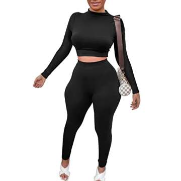 Mizoci Women's Workout 2 Piece Outfits Crop Top High Waisted Legging Pants Set Long Sleeve Track Suits Jumpsuit,Medium,Black