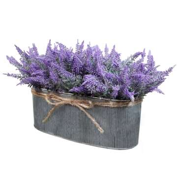 Winlyn 10 Inch Artificial Lavender Flower Arrangement in Rustic Oval Galvanized Metal Planter Box Fa...