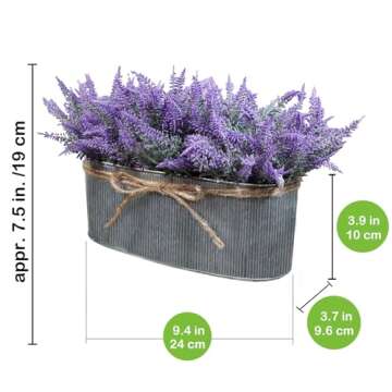 Winlyn 10 Inch Artificial Lavender Flower Arrangement in Rustic Oval Galvanized Metal Planter Box Faux Lavender Potted Plants for Farmhouse Spring Table Centerpiece Wedding Home Office Kitchen Décor