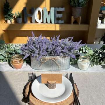 Winlyn 10 Inch Artificial Lavender Flower Arrangement in Rustic Oval Galvanized Metal Planter Box Faux Lavender Potted Plants for Farmhouse Spring Table Centerpiece Wedding Home Office Kitchen Décor