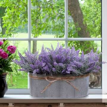 Winlyn 10 Inch Artificial Lavender Flower Arrangement in Rustic Oval Galvanized Metal Planter Box Faux Lavender Potted Plants for Farmhouse Spring Table Centerpiece Wedding Home Office Kitchen Décor