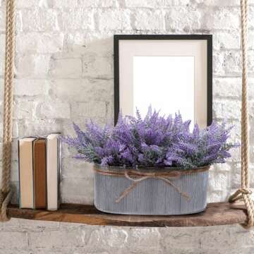 Winlyn 10 Inch Artificial Lavender Flower Arrangement in Rustic Oval Galvanized Metal Planter Box Faux Lavender Potted Plants for Farmhouse Spring Table Centerpiece Wedding Home Office Kitchen Décor