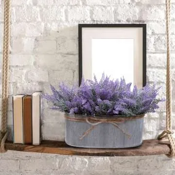 Winlyn 10 Inch Artificial Lavender Flower Arrangement in Rustic Oval Galvanized Metal Planter Box Faux Lavender Potted Plants for Farmhouse Spring Table Centerpiece Wedding Home Office Kitchen Décor