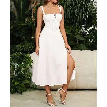 Wedding Guest Dresses for Women Midi Corset Lace Up A Line Dress Solid Flowy Slit Going Out Sundress for Tea Party