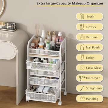 MODCART Makeup Organizer with 4 Drawers, Skincare Storage, Floor Skincare Organizers with Wheels Nameplates,Vanity Cosmetic Holder for Perfume, Nail Polish, Brushes, White