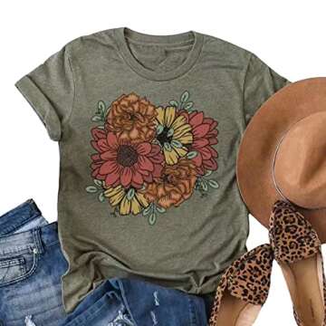 Womens Bold Statement Flowers Super Soft Graphic Wildflower Tshirt Short Sleeved Crew Neck Casual Cu...