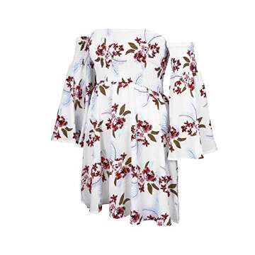 ONEYIM Women's Dress Summer Floral Long Sleeve Off Shoulder Casual Mini Dresses(White Floral,L)
