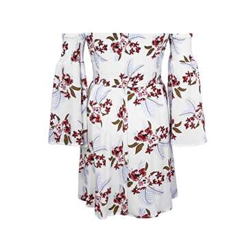 ONEYIM Women's Dress Summer Floral Long Sleeve Off Shoulder Casual Mini Dresses(White Floral,L)
