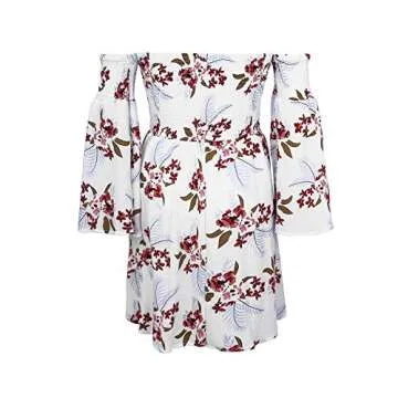 ONEYIM Women's Dress Summer Floral Long Sleeve Off Shoulder Casual Mini Dresses(White Floral,L)