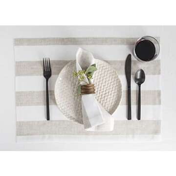 Solino Home Cabana Stripe Linen Dinner Napkins – 20 x 20 Inch, 100% Pure Linen Natural and White N...