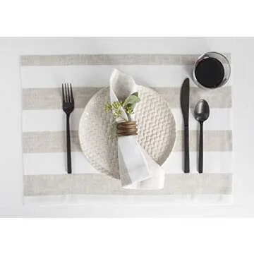 Solino Home Cabana Stripe Linen Dinner Napkins – 20 x 20 Inch, 100% Pure Linen Natural and White N...