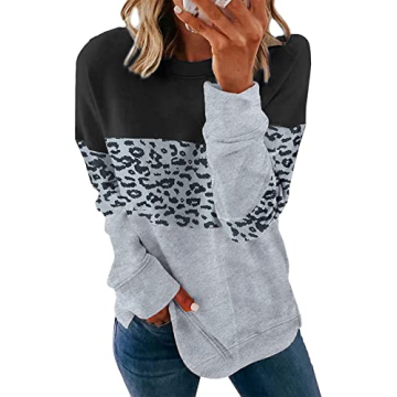 SWEET POISON Black Sweatshirt for Women Fall Fashion Clothes 2024 Color Block Leopard Print Crewneck...