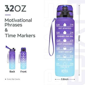 Elvira 32oz Motivational Fitness Sports Water Bottle with Time Marker & Removable Strainer,Fast Flow...