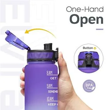 Elvira 32oz Motivational Fitness Sports Water Bottle with Time Marker & Removable Strainer,Fast Flow,Flip Top Leakproof Durable BPA Free Non-Toxic-Grape/Green Gradient, Tritan
