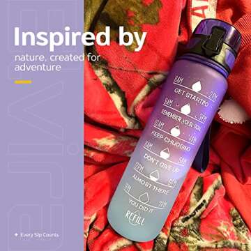 Elvira 32oz Motivational Fitness Sports Water Bottle with Time Marker & Removable Strainer,Fast Flow,Flip Top Leakproof Durable BPA Free Non-Toxic-Grape/Green Gradient, Tritan